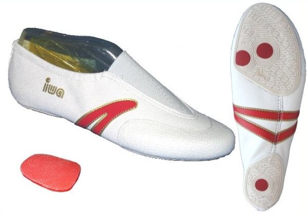 IWA Kunstturnschuh 503 mit Bicolor-Sohle, Farbe weiß mit rotem Streifen, in der Größe 34